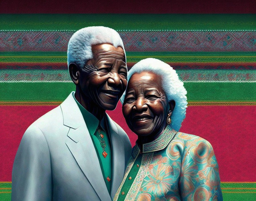 Elderly couple smiling in light blue and green outfits on colorful background