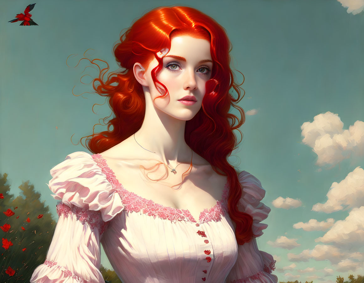 Digital painting of woman with red hair in vintage dress against blue sky