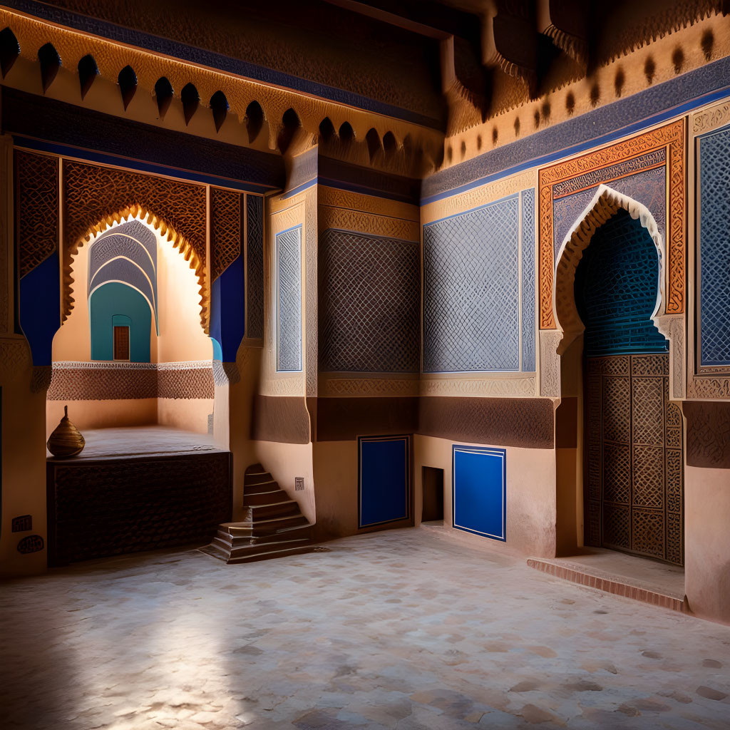 Traditional Islamic architecture with intricate patterns and arched doorways.