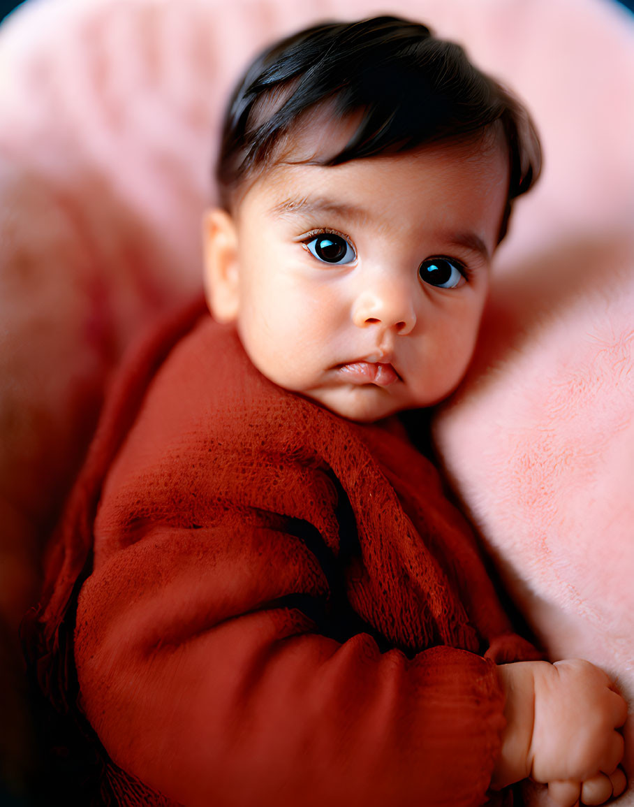 Dark-eyed baby in red wrap against pink backdrop gazes thoughtfully