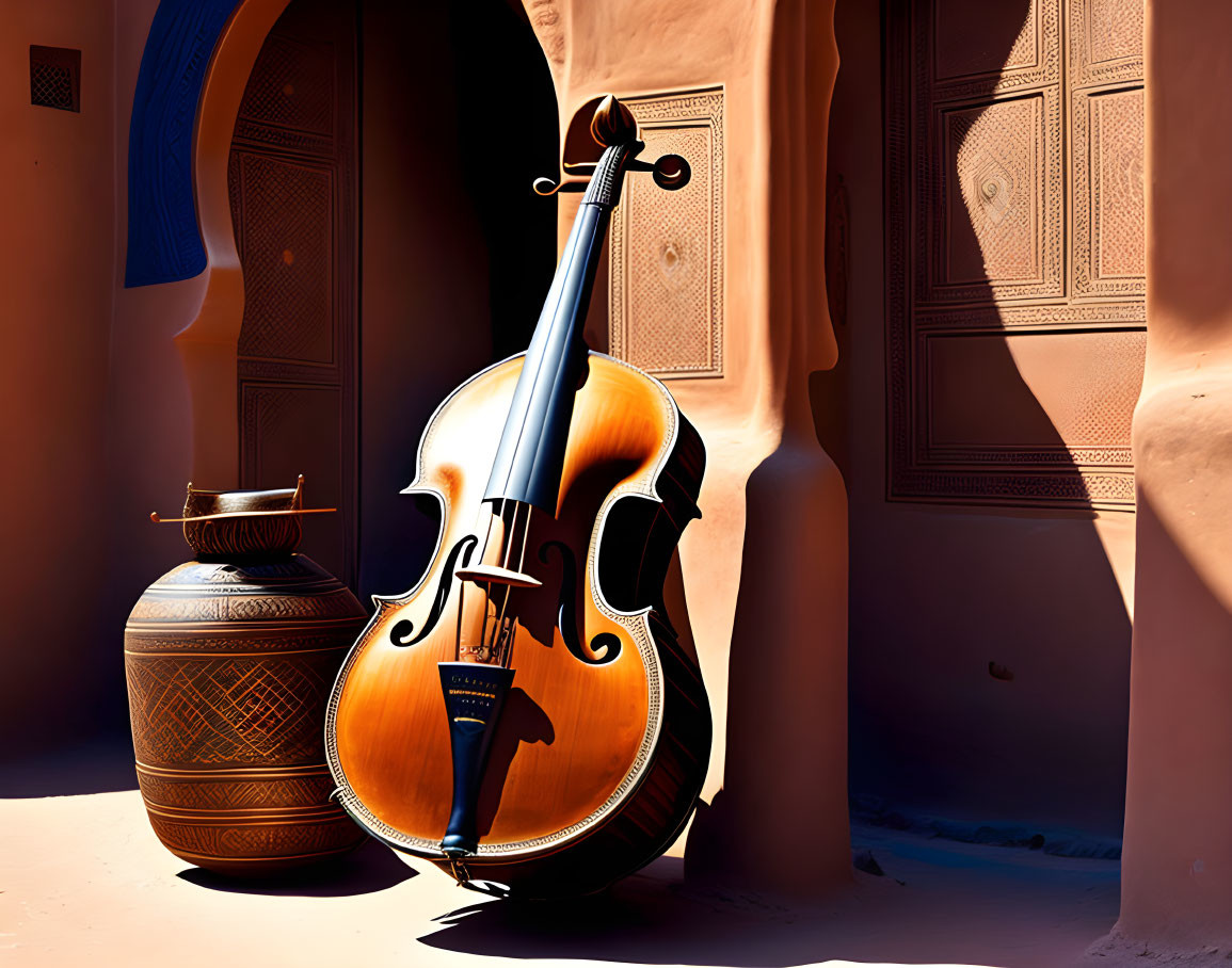 Violin leaning on clay pot in desert setting with blue door