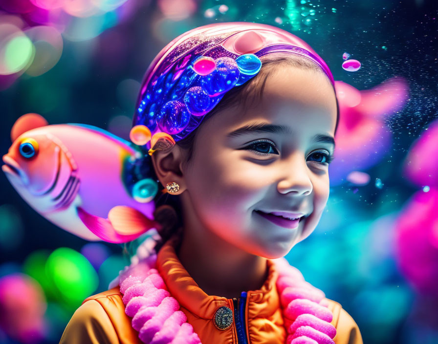 Colorful headband girl surrounded by bubbles and clownfish in neon-lit scene