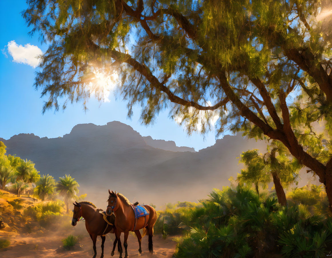 Horses under tree with sunrays, rocky hills, blue sky