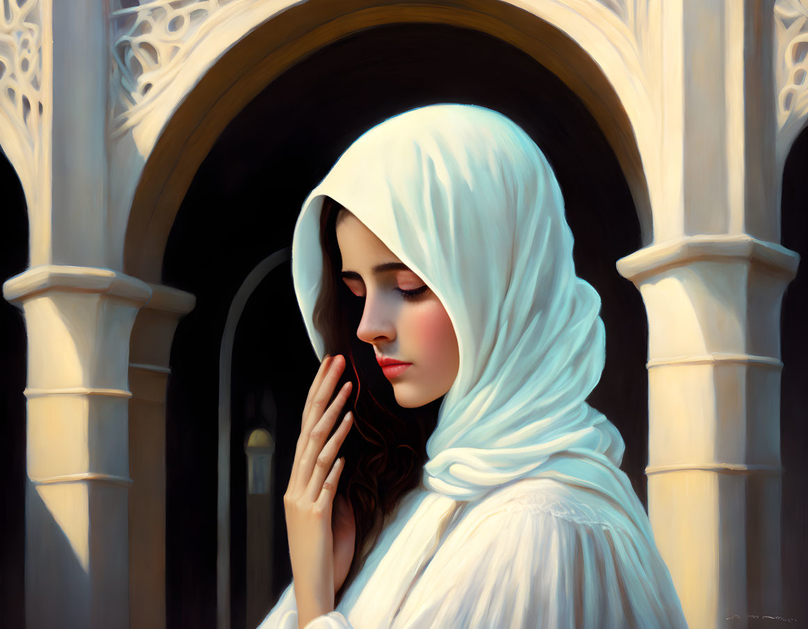 Serene woman in white veil against gothic backdrop