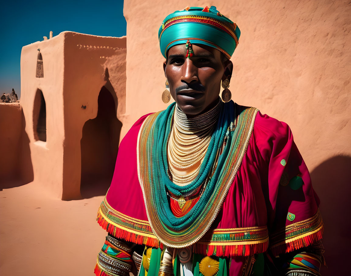 Traditional African Dress with Elaborate Beaded Accessories in Front of Building