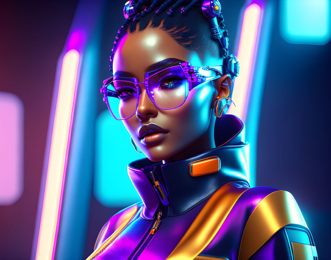 Futuristic female character with neon lights and high-collared suit