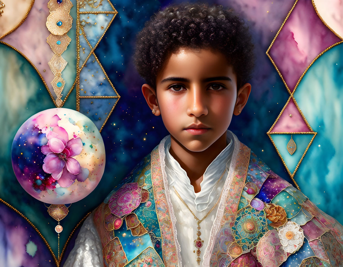 Ornately dressed boy surrounded by cosmic and floral patterns on celestial background