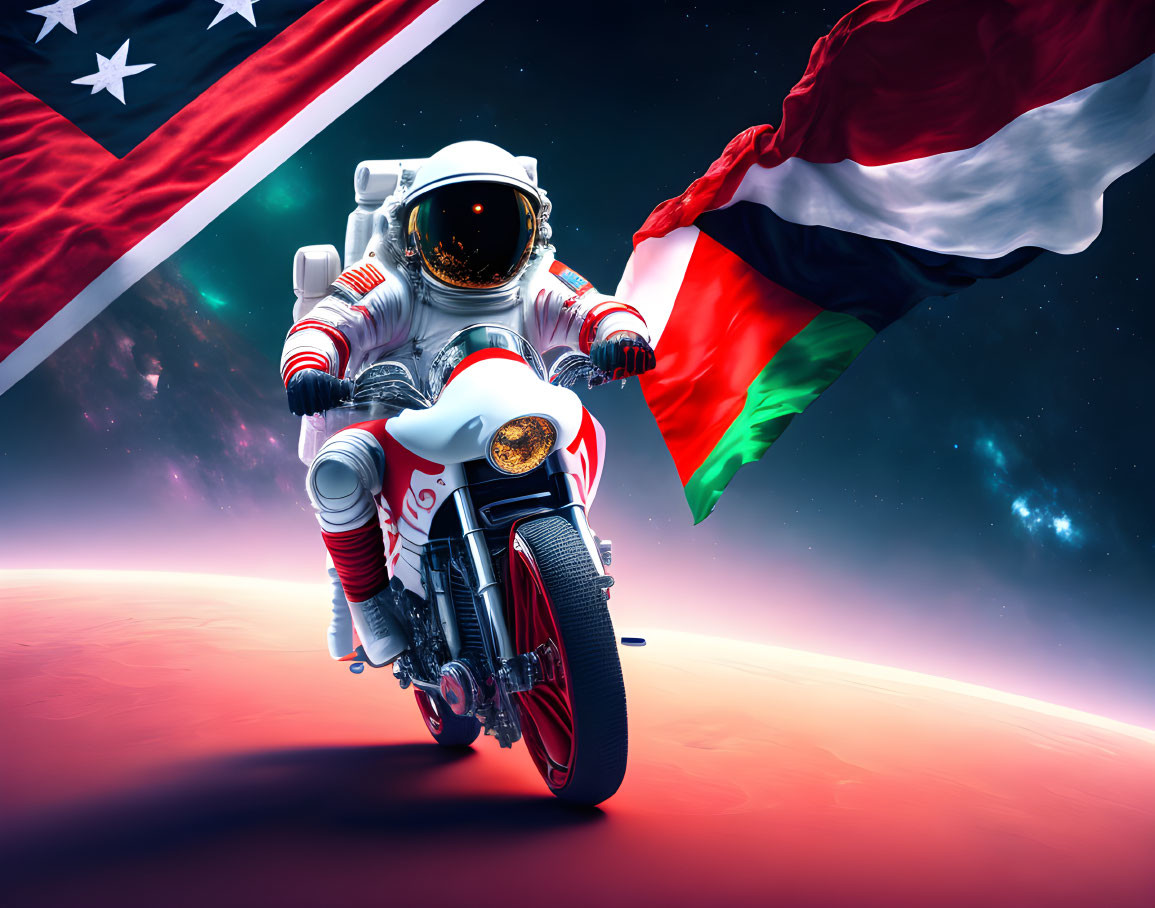 Astronaut on motorcycle with space backdrop and dual flags