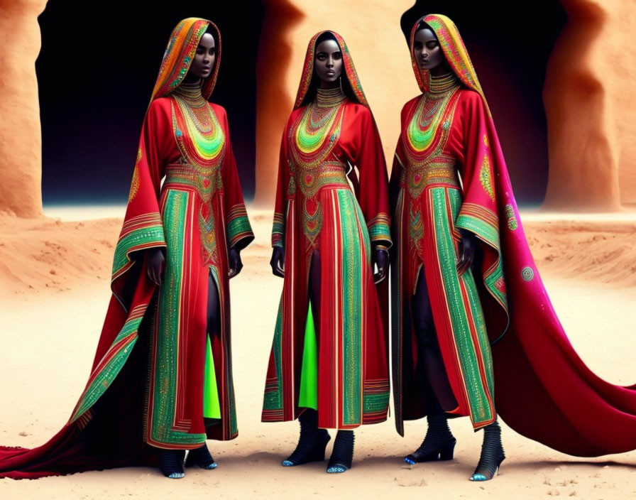Three women in traditional robes and headdresses in desert landscape