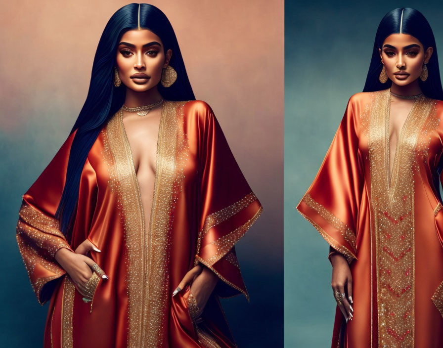 Sleek black hair person in orange gown with wide sleeves and gold jewelry