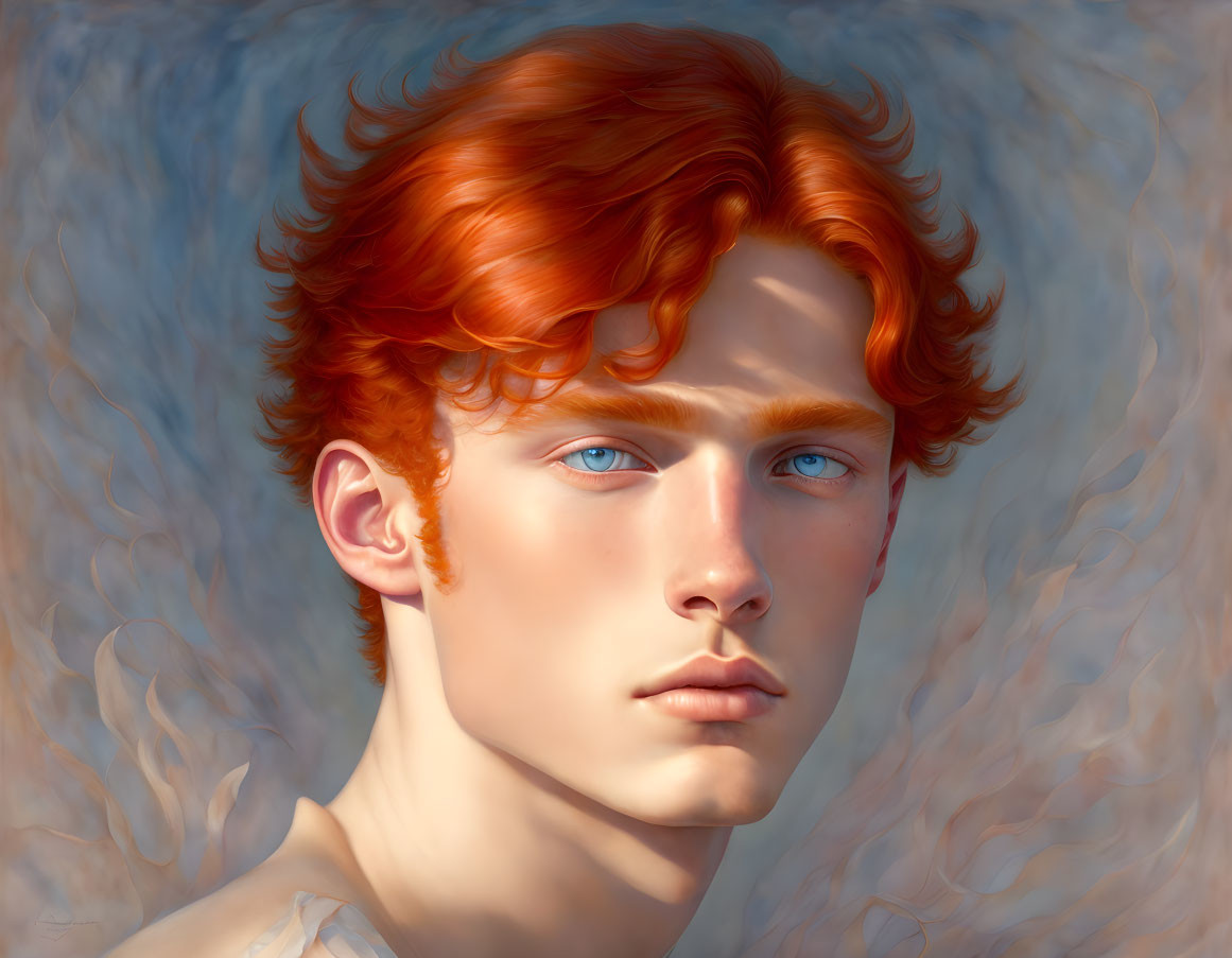 Digital portrait of person with wavy red hair and blue eyes against smoke-like background