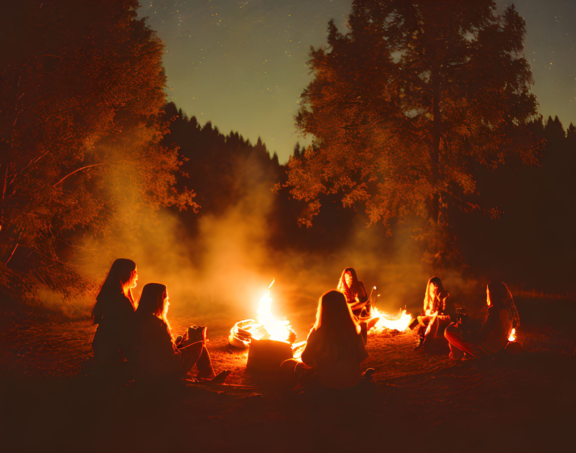 Group of People Around Campfire in Forest at Night with Starry Sky