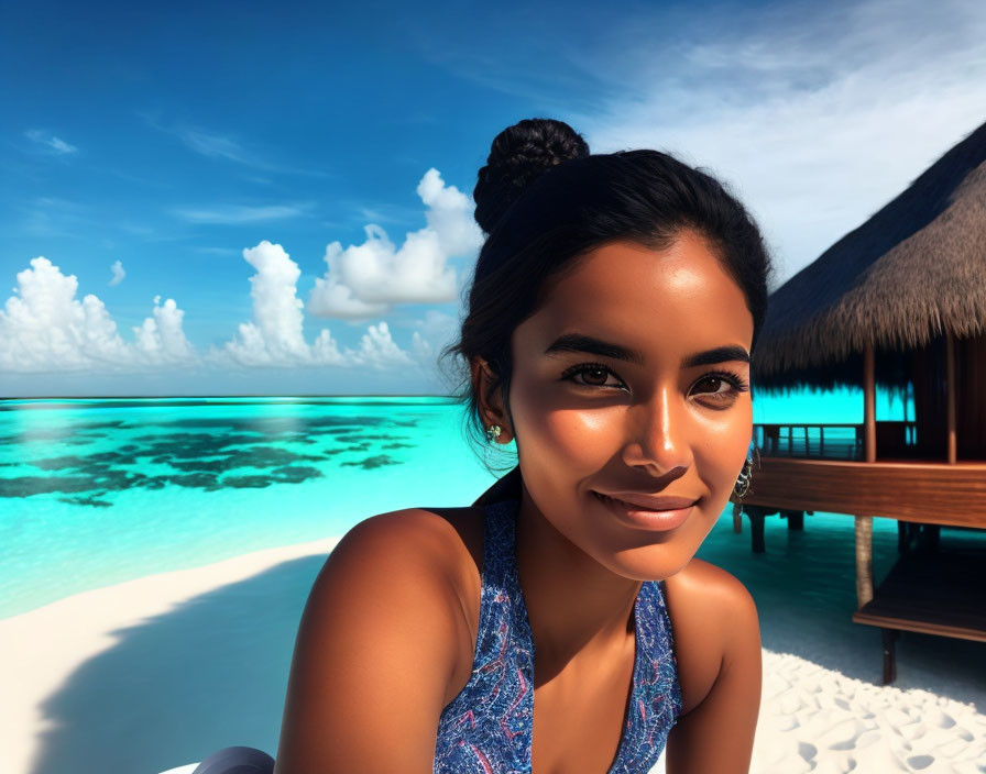 Smiling woman in blue outfit by ocean with thatched hut under clear sky