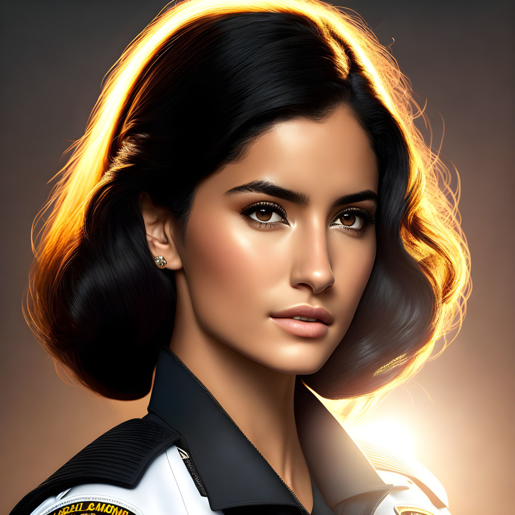 Stylized digital artwork of a woman in police uniform with brown hair