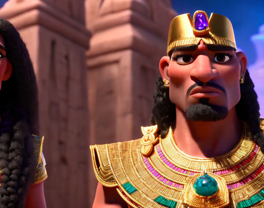 Egyptian-themed animated characters with gold headdress and jewelry in temple setting