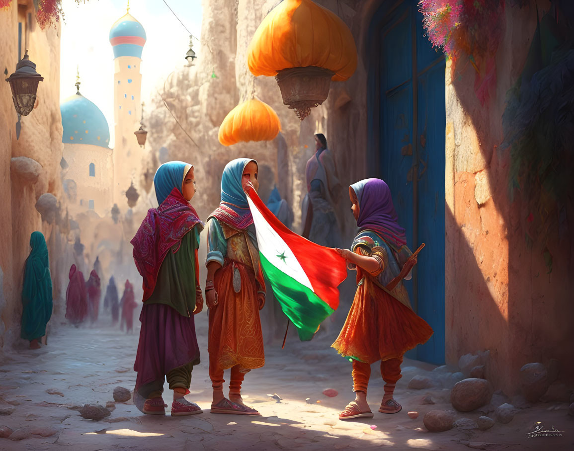 Vibrant children with flag in Middle Eastern market street