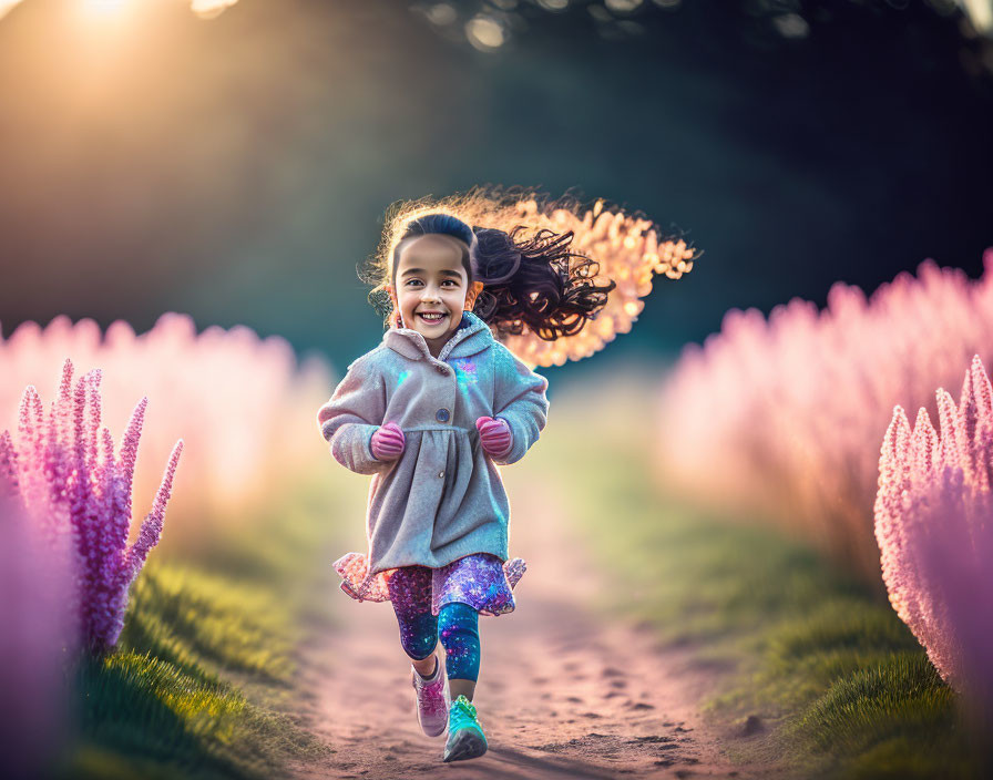 Young girl running among vibrant purple flowers on a sunny path