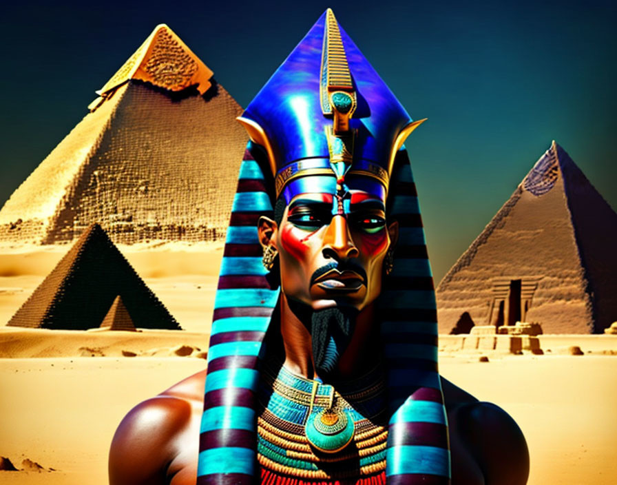 Ancient Egyptian pharaoh with Great Pyramids in background