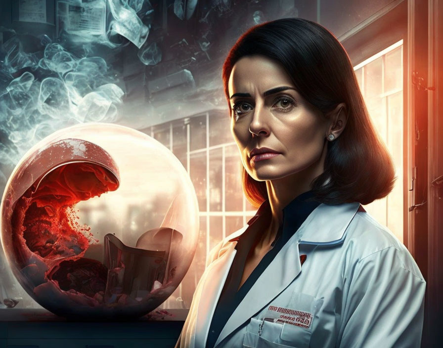 Serious woman in lab coat with explosive substance in glass globe