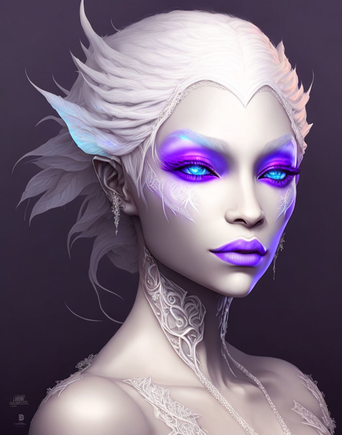 Detailed 3D illustration of female figure with pale skin and purple eyes