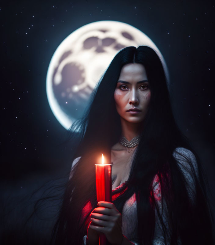 Woman holding candle under full moon, dark attire contrasts with night sky