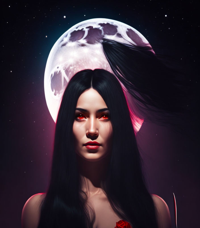 Digital portrait of a woman with red eyes, black hair, and a rose under a full moon.