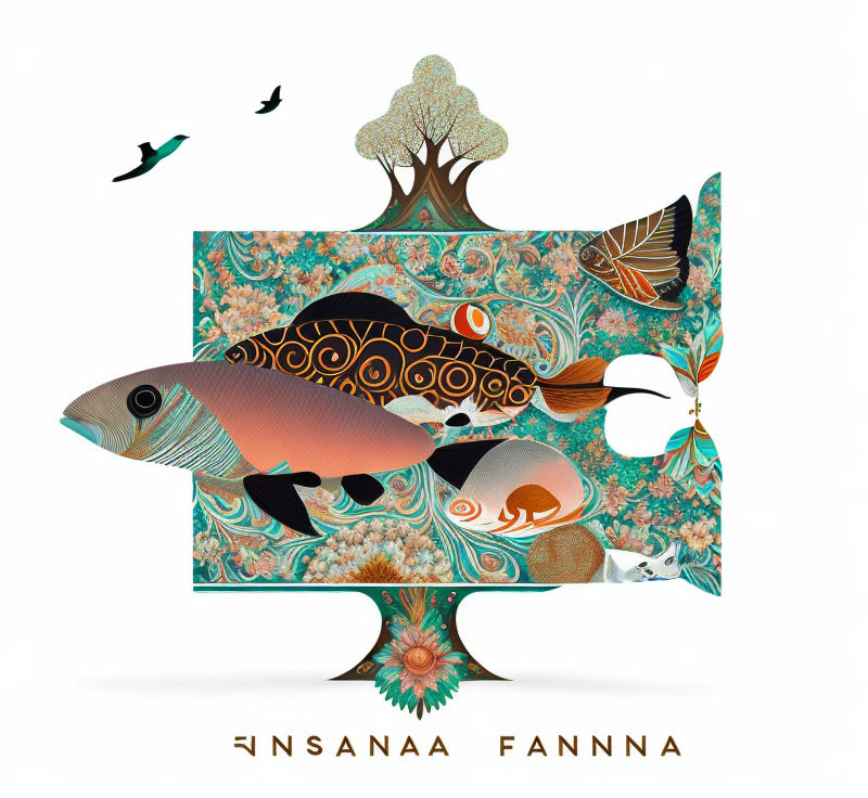 Floral Pattern Artistic Puzzle Piece with Fish, Trees, Birds & "SANAA FANNA