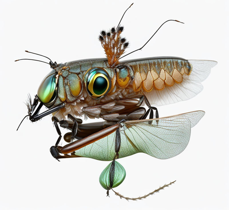 Detailed image of iridescent-eyed fly on white background