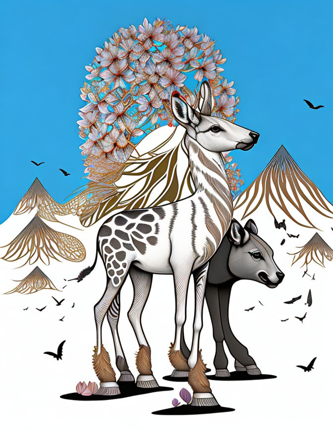 Surreal illustration of deer with leaf wings and tree blossoms against mountain.