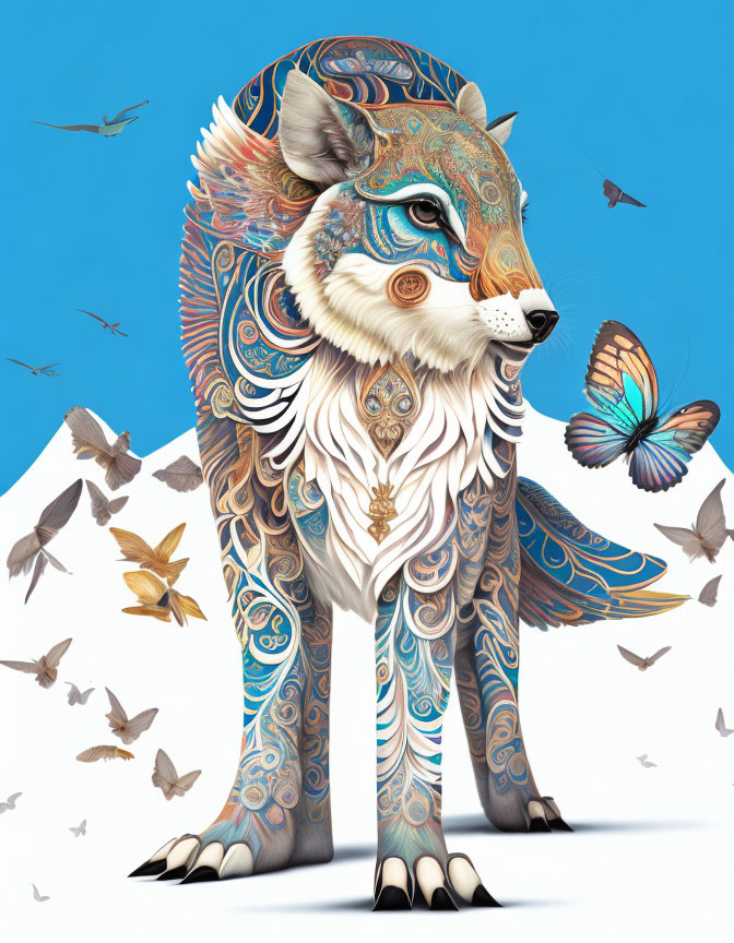 Colorful digital artwork: stylized wolf with intricate patterns, birds, butterflies, blue sky, mountains