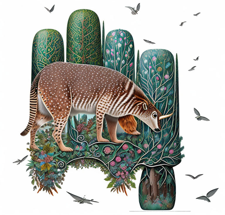 Whimsical creature blending anteater and deer features in ornate nature setting