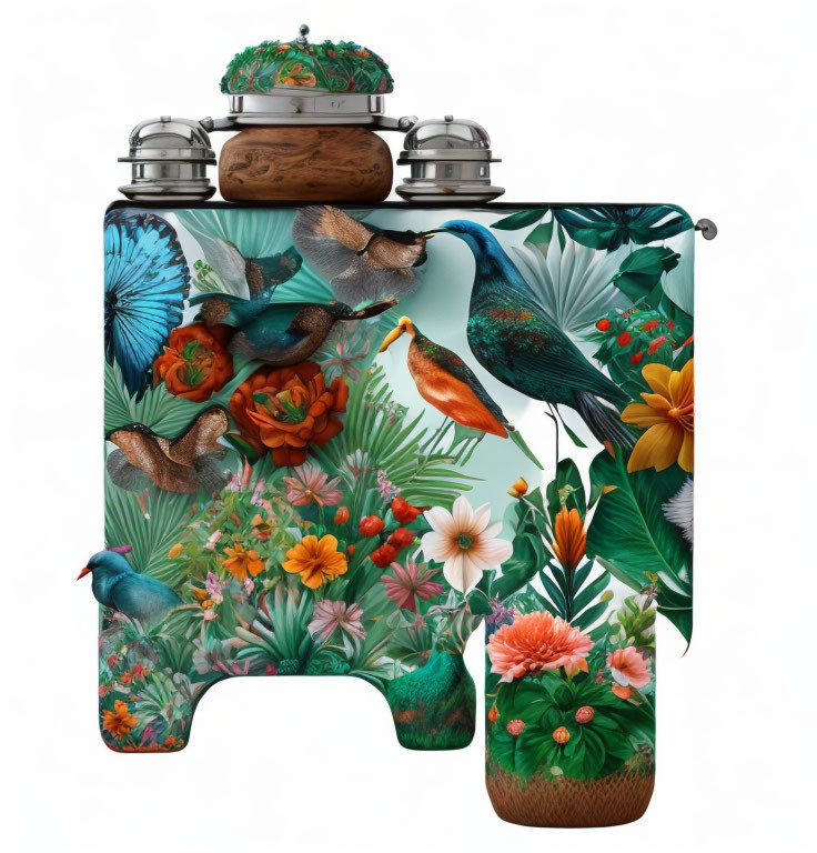 Vibrant artwork of fantastical creature with vintage camera body, bird features, and tropical plants.