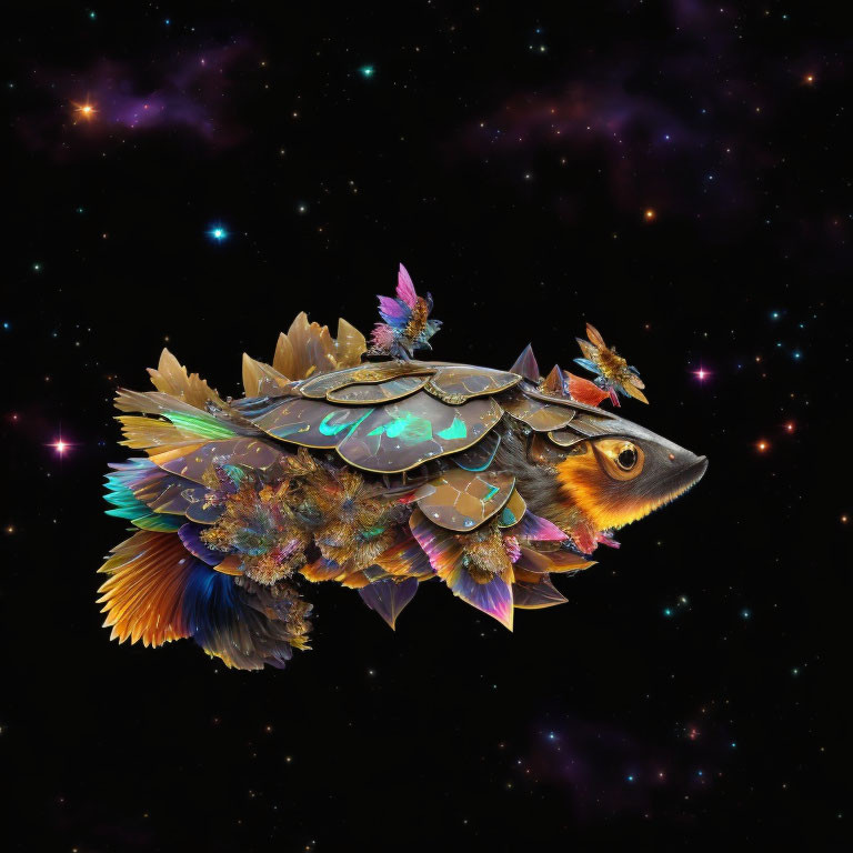 Colorful surreal fish with feathers and foliage in cosmic dreamscape