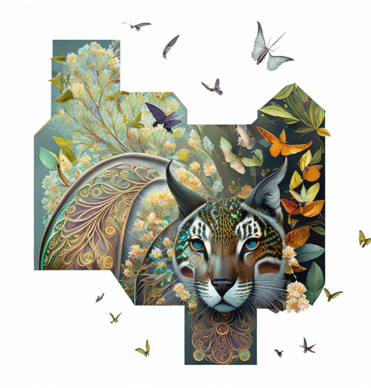 Ornate leopard surrounded by butterflies and flora in puzzle piece shape