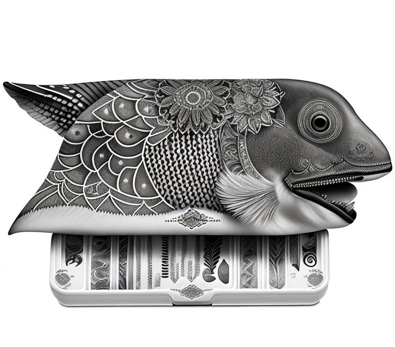 Whimsical fish with intricate patterns on aluminum can