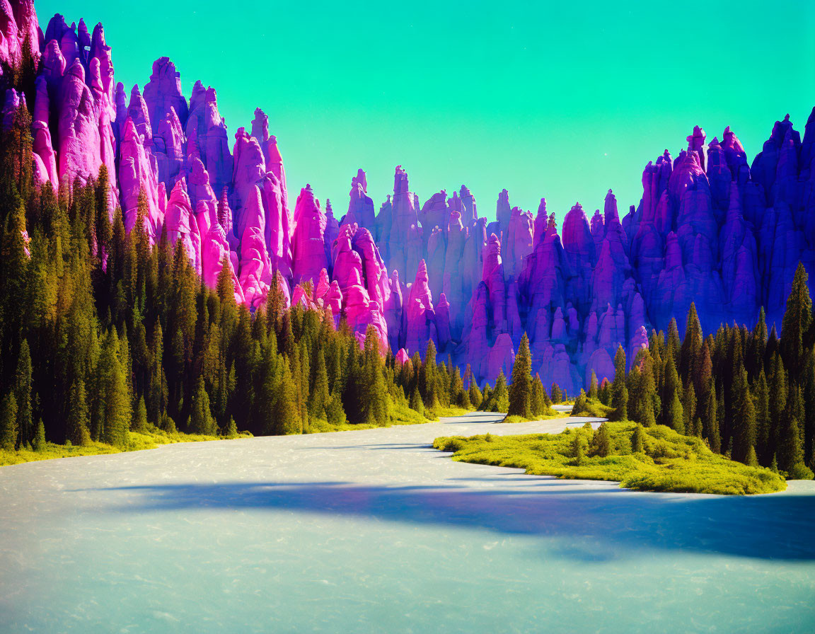 Colorful landscape with magenta rock formations, blue river, and lush greenery.