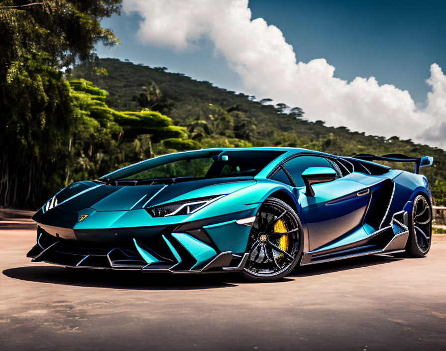 Blue Sports Car with Prominent Rear Wing Parked Outdoors