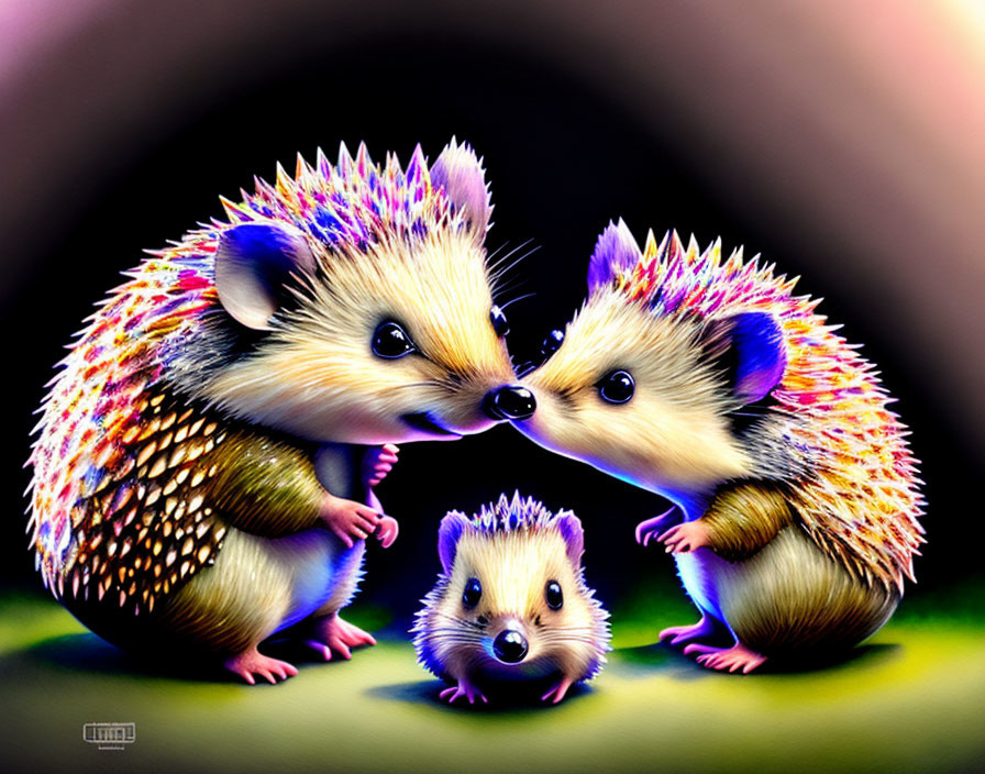 Vibrant cartoon hedgehogs in family pose with colorful spines