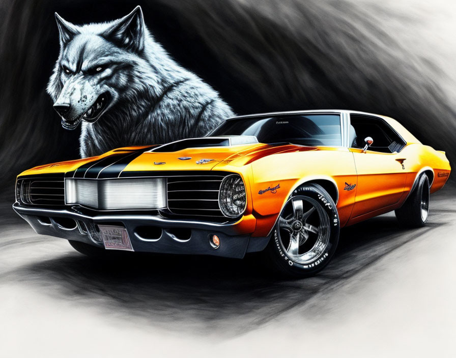 Vintage muscle car with orange and black stripes beside an illustrated wolf on monochrome backdrop