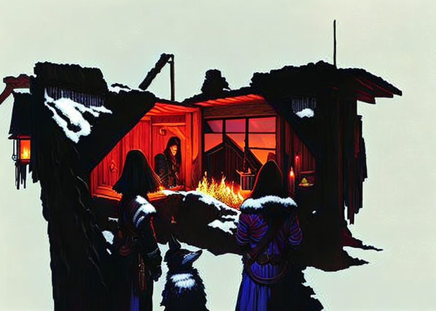 Cozy cabin illustration in snowy landscape with cloaked figures