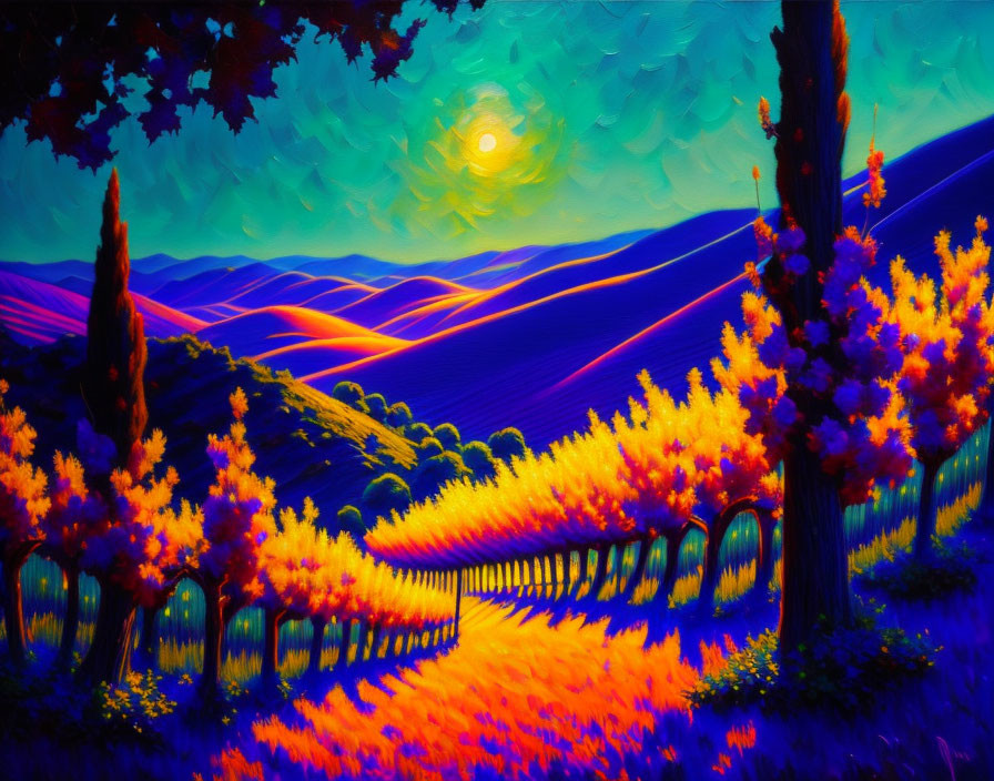 Colorful surreal landscape with purple hills, orange trees, yellow sun, and blue sky