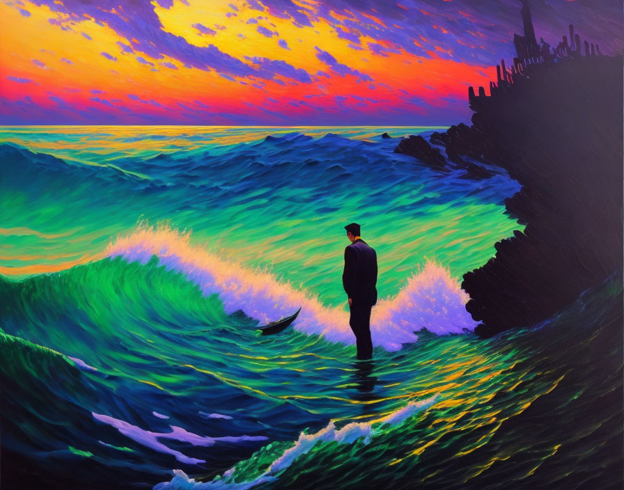 Person standing in water watching vibrant green waves at sunset with castle silhouette.