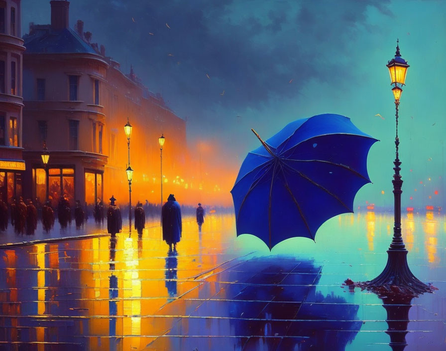Urban street scene at dusk with blue umbrella, glowing lamps, and strolling figures