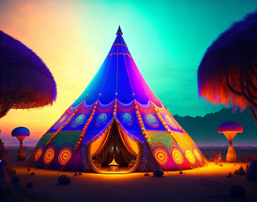 Colorful psychedelic tent under twilight sky with surreal trees and lanterns