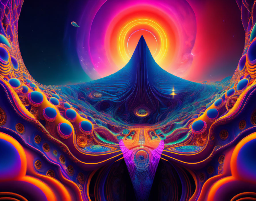 Colorful Psychedelic Landscape with Swirling Patterns and Celestial Bodies