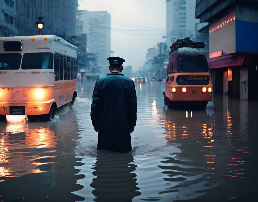 Uniformed person wading in flooded urban street at twilight