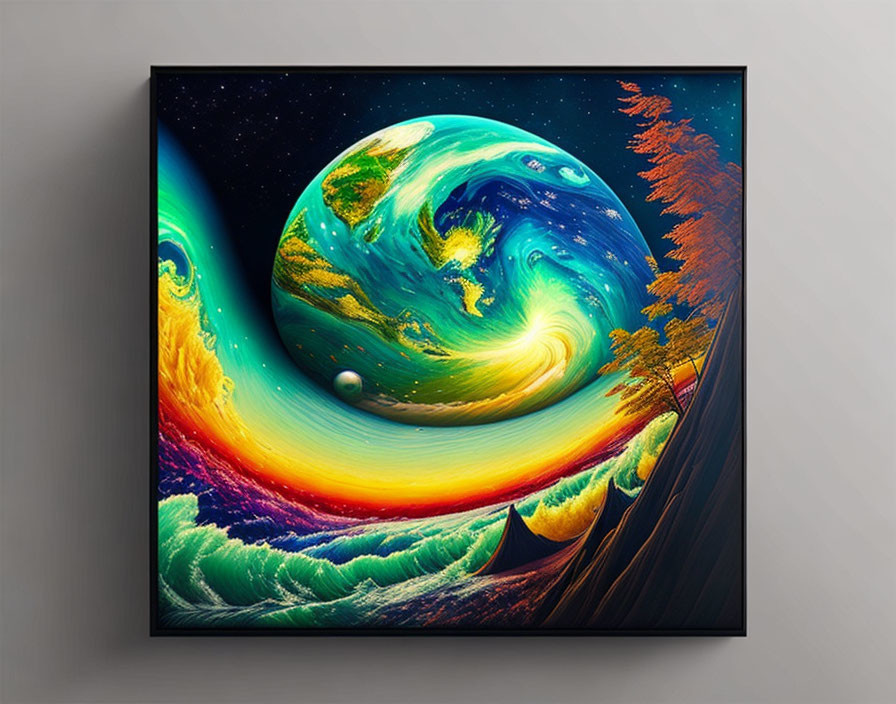 Colorful Framed Artwork: Fantasy Cosmic Scene with Swirling Colors, Surreal Planet, Star