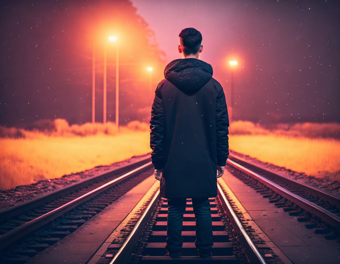 Man standing on misty railway tracks under warm glowing lights