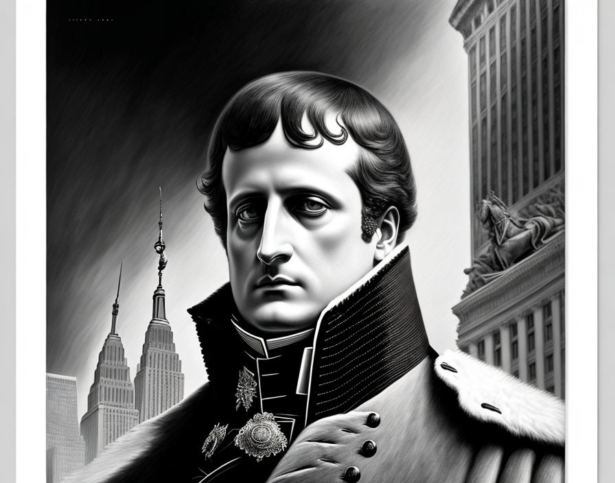 Monochrome illustration of stern man resembling Napoleon with modern skyline and statue.