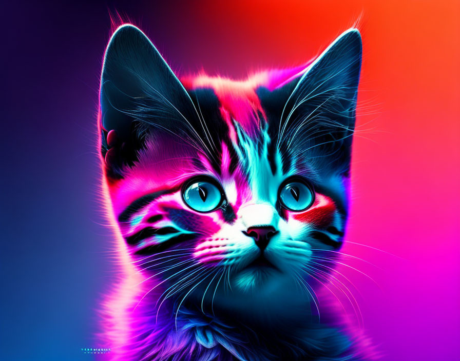 Neon-colored kitten on gradient background in digital art